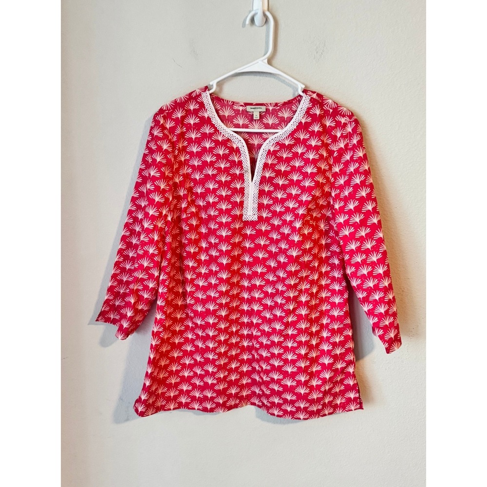 Talbots Red White Shell Print Cotton Tunic Top Crochet Lace V-Neck Size M - Picture 2 of 6